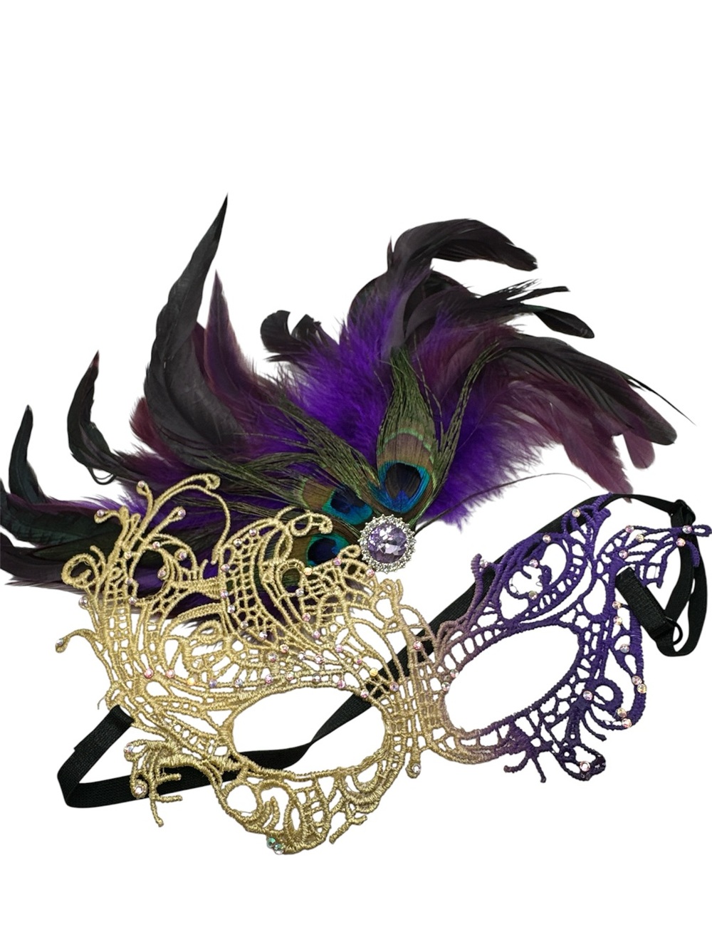 2 Pcs Purple and Gold Feathered Lace Masquerade Eye Mask And Hair Piece Hallowee